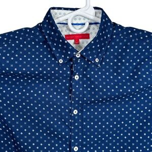 Report Collection Mens Navy Blue Geometric Micro Print Short Sleeve Shirt Large